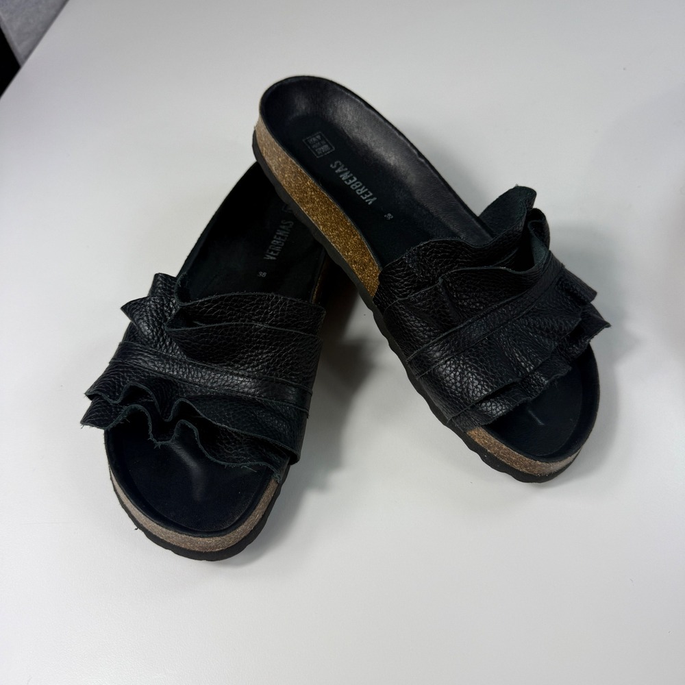 Verbenas Womens 38 Rocio Volante Black Ruffle Flat Cork Slide Sandals Slip On - Picture 4 of 9